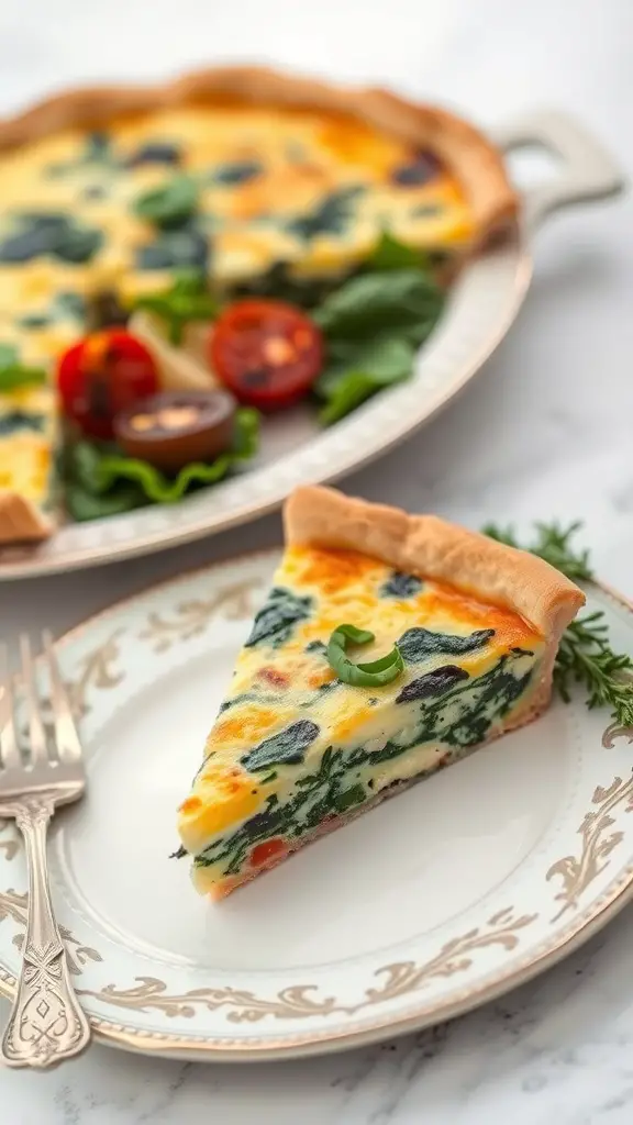 A slice of savory spinach and feta quiche on a decorative plate next to the whole quiche.