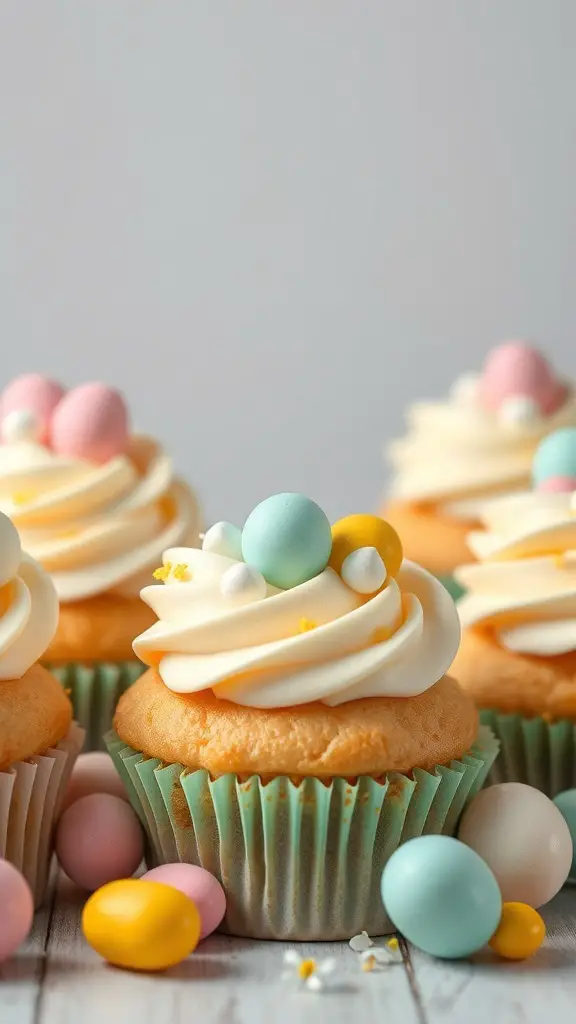 Colorful Easter cupcakes with pastel candy eggs on top