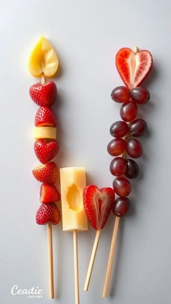 Colorful fruit skewers arranged in the shape of Cupid's arrows, featuring strawberries, grapes, and melon.