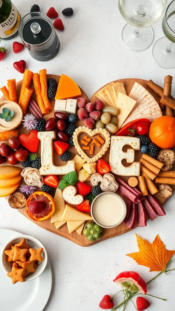 A heart-shaped charcuterie board filled with cheeses, meats, fruits, and snacks, arranged beautifully.
