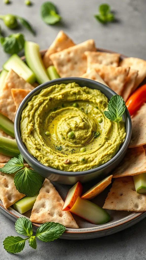 A bowl of pea and mint hummus surrounded by pita chips and fresh vegetables.