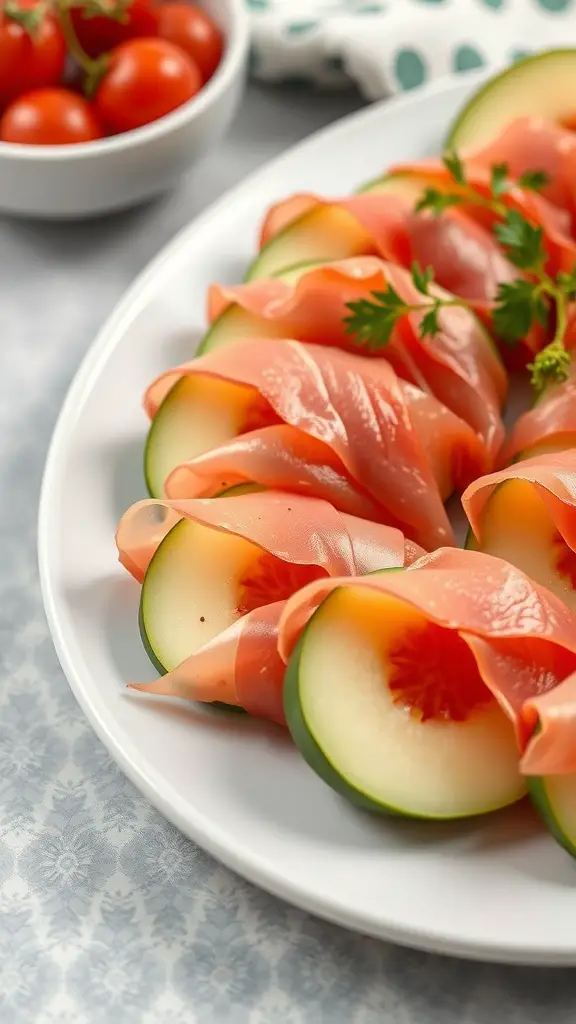 A plate of prosciutto-wrapped melon slices garnished with herbs