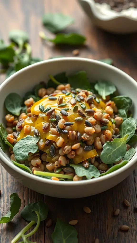 A bowl of lentil and spinach salad topped with seeds and a lemon vinaigrette.