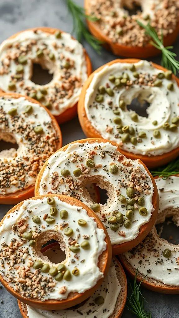 A plate of herbed cream cheese bagels topped with seeds and herbs