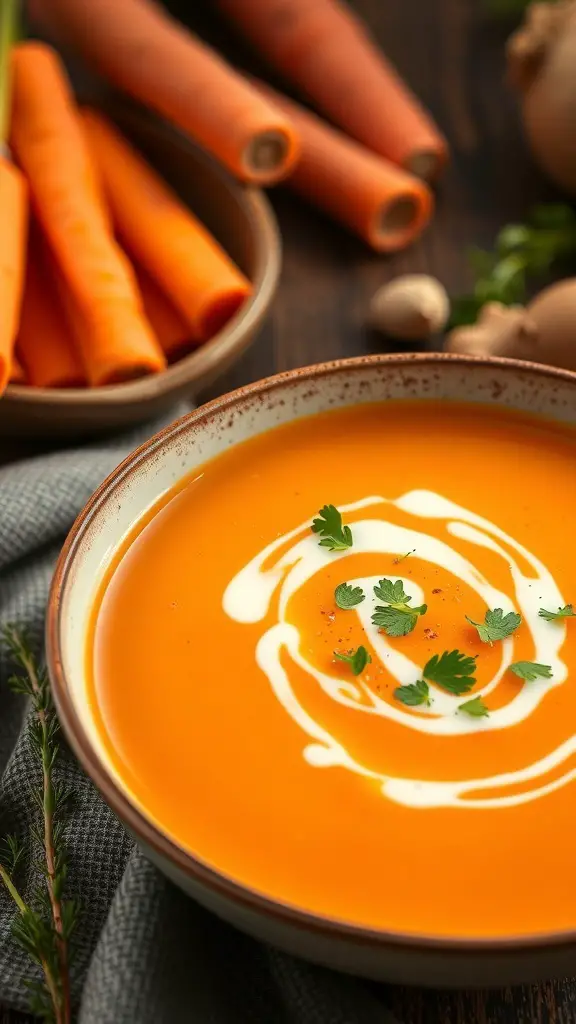 A bowl of carrot and ginger soup garnished with cream and herbs, with fresh carrots in the background.
