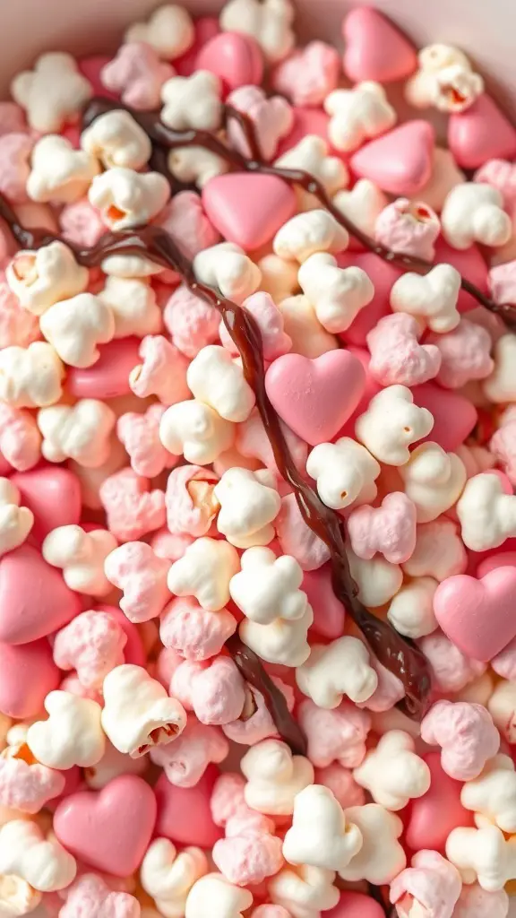 A bowl of Cupid's Popcorn with pink and white popcorn, heart-shaped candies, and chocolate drizzle.