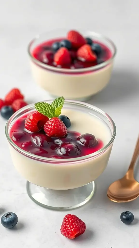 Vanilla bean panna cotta topped with berry compote, garnished with mint leaves.