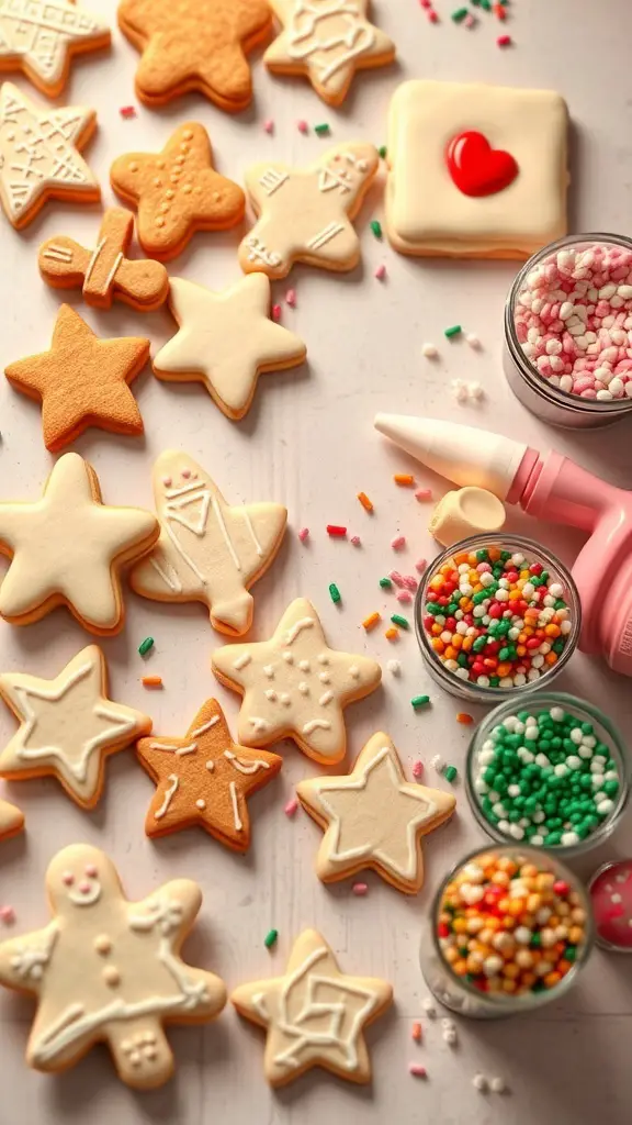 A variety of decorated cookies and decorating supplies for Valentine's Day