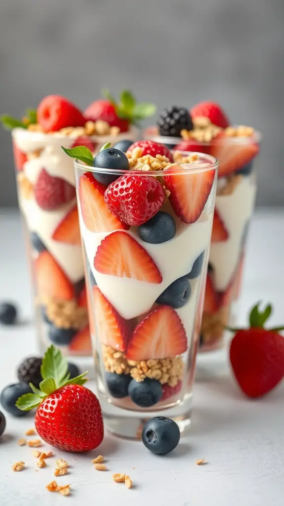 Fruit and yogurt parfaits in clear cups with layers of yogurt, strawberries, blueberries, and granola