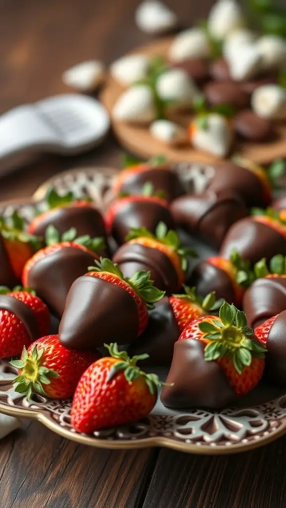 A plate of chocolate-covered strawberries, showcasing a mix of dark and white chocolate dipped strawberries.