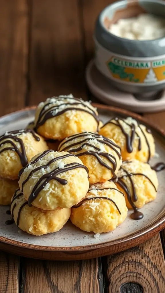 A plate of coconut macaroons drizzled with dark chocolate