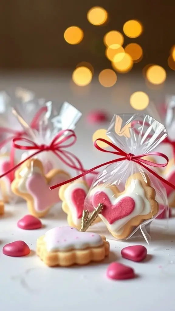 Mini sugar cookies decorated for Valentine's Day, wrapped in clear bags with red ribbons.