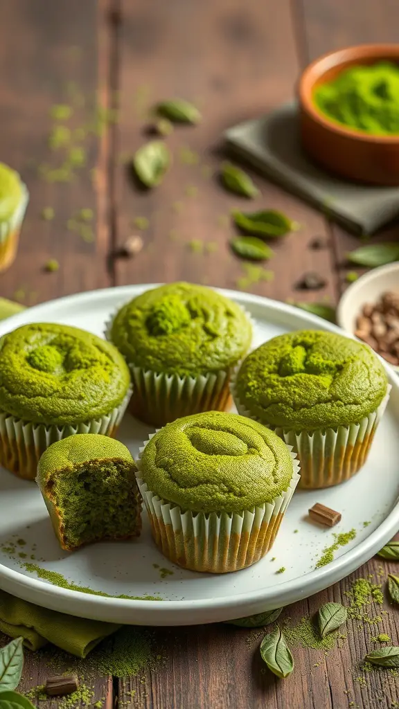 A plate of matcha green tea muffins, some with a bite taken out, surrounded by matcha powder and leaves.