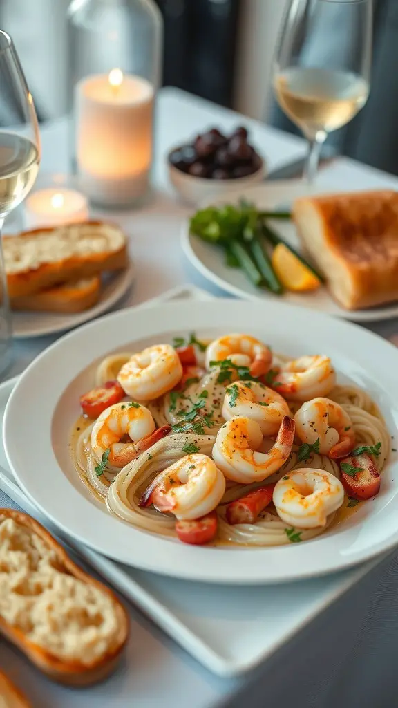A plate of shrimp scampi with garlic bread, garnished with parsley and served with wine.
