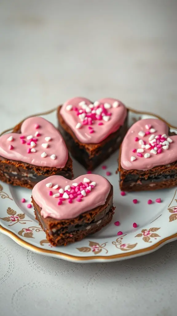 Heart-shaped brownies with pink frosting and sprinkles on a decorative plate.