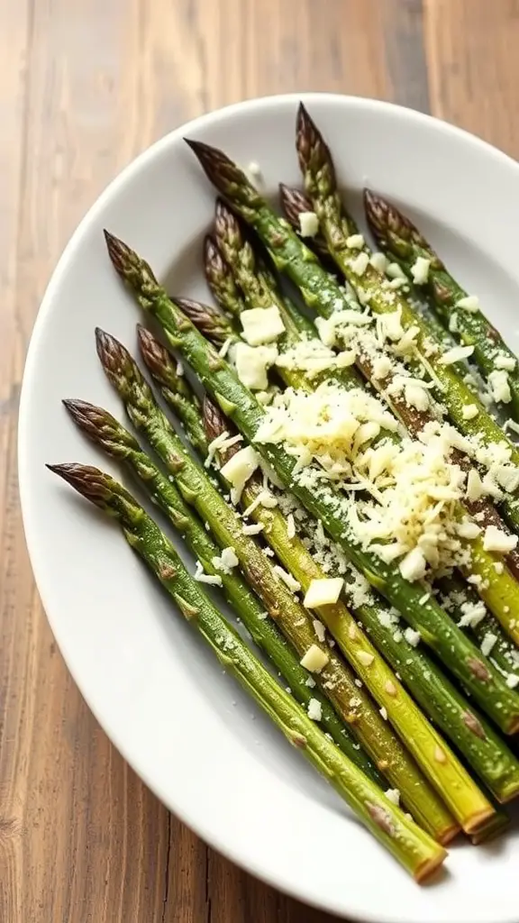 A plate of roasted asparagus topped with grated parmesan cheese.