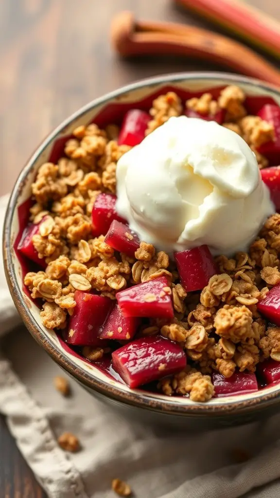 A bowl of rhubarb crisp topped with oat mixture and a scoop of vanilla ice cream.