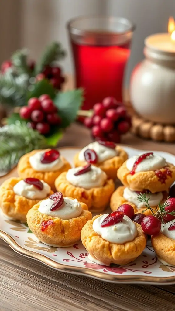 A plate of cranberry brie bites with a festive background