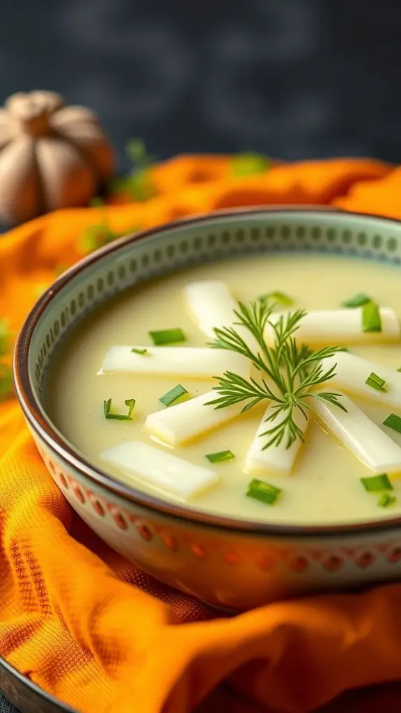 A bowl of chilled cucumber soup garnished with cucumber slices and herbs on an orange cloth.