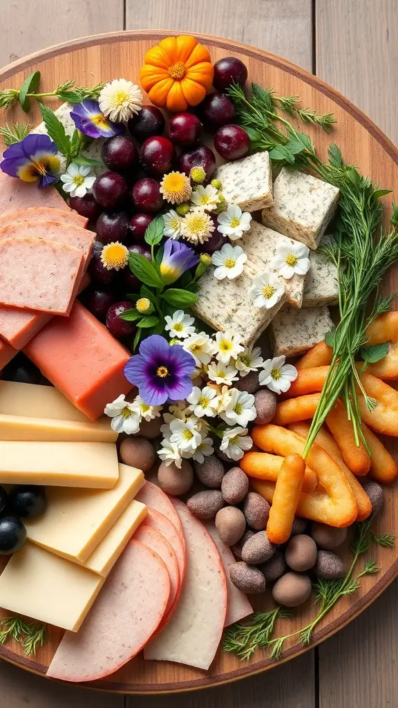 A colorful Easter charcuterie board featuring cheeses, meats, and floral garnishes.