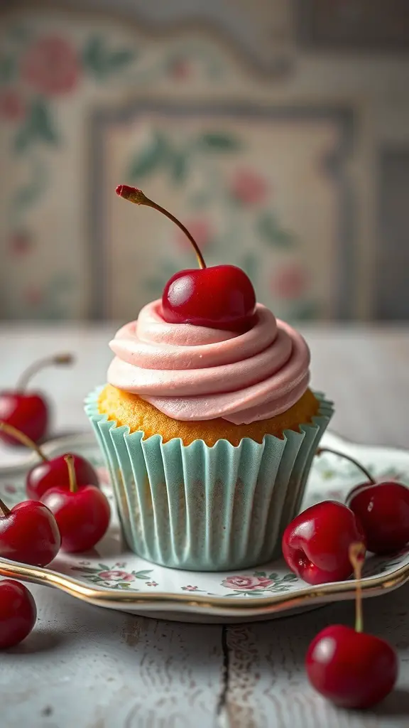 A cherry almond cupcake with pink frosting and a cherry on top, surrounded by fresh cherries.