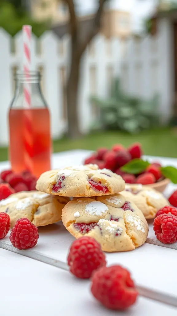 A plate of raspberry lemonade cookies with fresh raspberries and a bottle of lemonade in the background.