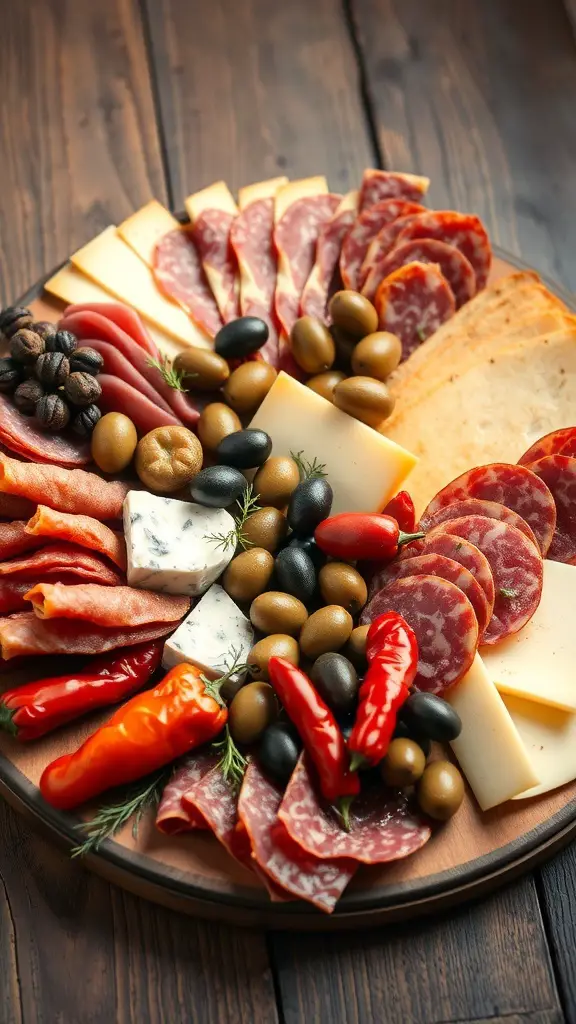An antipasto platter featuring cured meats, cheeses, olives, and peppers arranged on a wooden board.