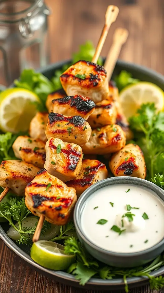 Grilled chicken skewers served with tzatziki sauce and garnished with fresh herbs and lemon.