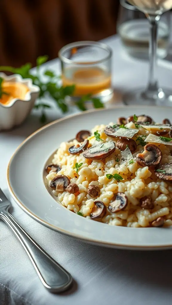A plate of creamy risotto with mushrooms, garnished with herbs, served in an elegant setting.