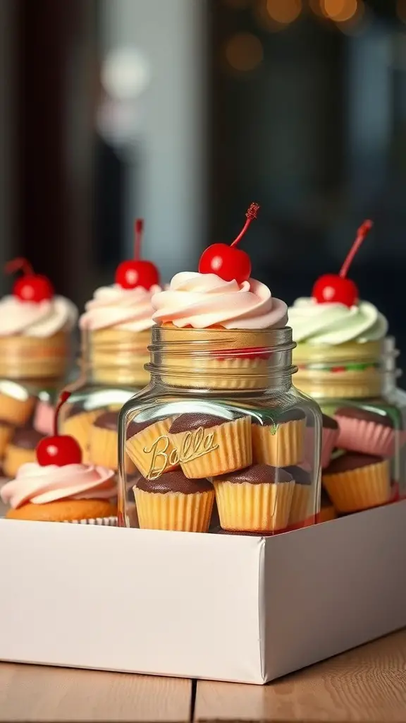 Colorful cupcake jars with mini cupcakes and frosting topped with cherries