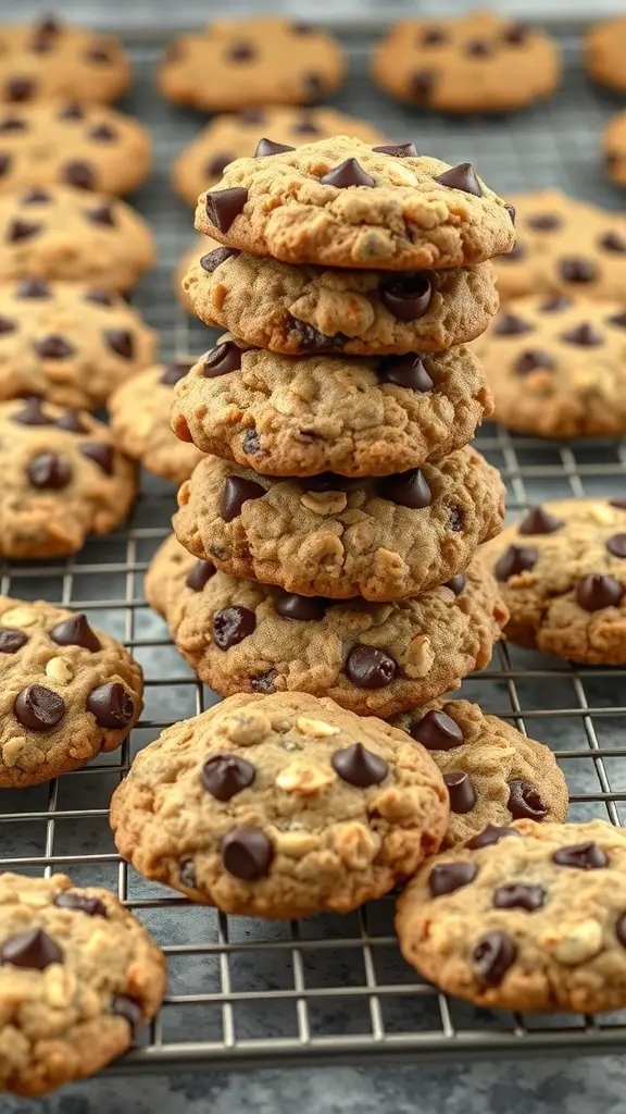 A stack of chocolate chip oatmeal cookies on a cooling rack with more cookies in the background.