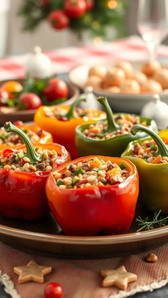 Colorful stuffed bell peppers filled with a mixture of grains and vegetables, set on a festive table.