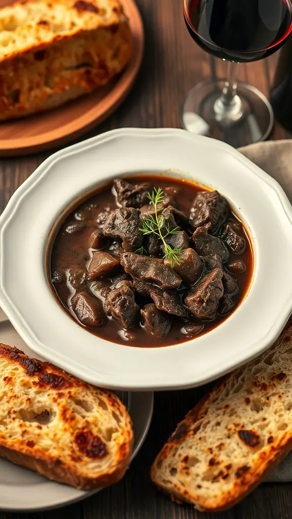 A bowl of Beef Bourguignon with crusty bread and a glass of red wine.