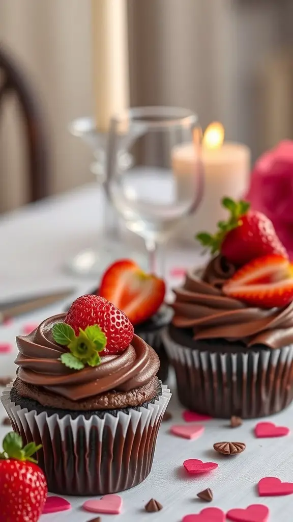Chocolate strawberry cupcakes with rich frosting and fresh strawberries on top, surrounded by heart-shaped decorations.