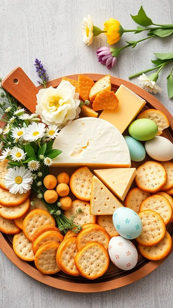A beautifully arranged cheese and cracker board with flowers and Easter eggs.