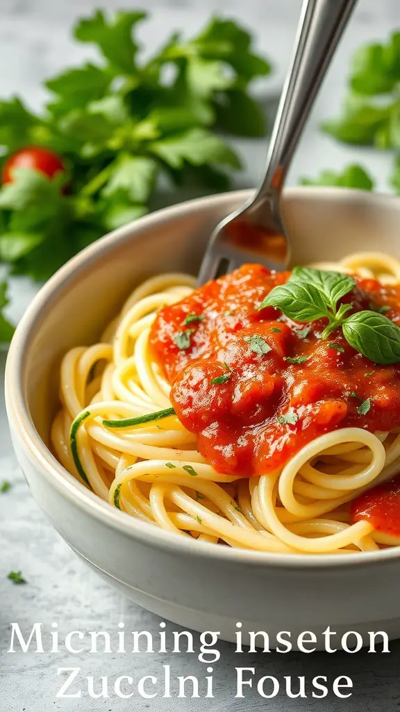 A bowl of zucchini noodles topped with marinara sauce and fresh basil.
