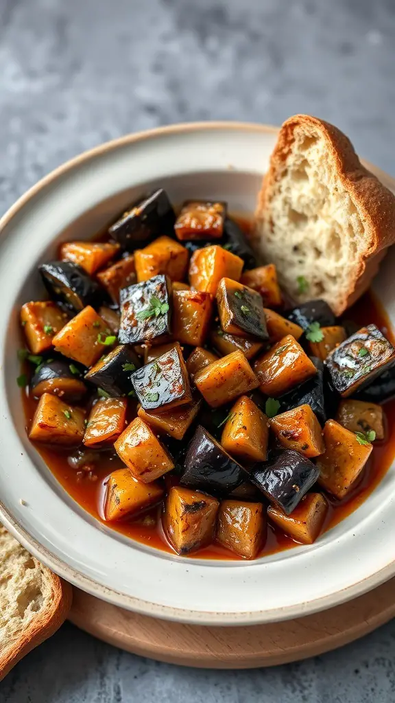 A bowl of Eggplant Caponata with diced eggplant and crusty bread