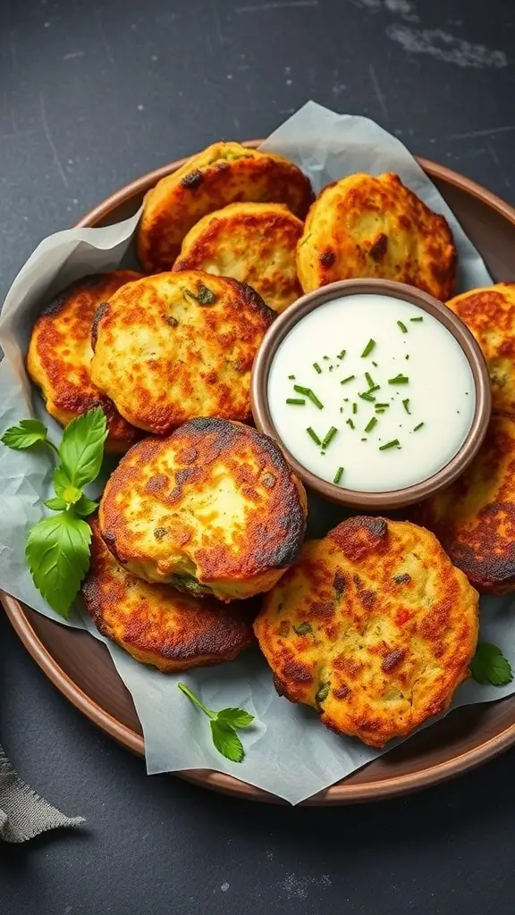 A plate of golden zucchini fritters served with tzatziki sauce