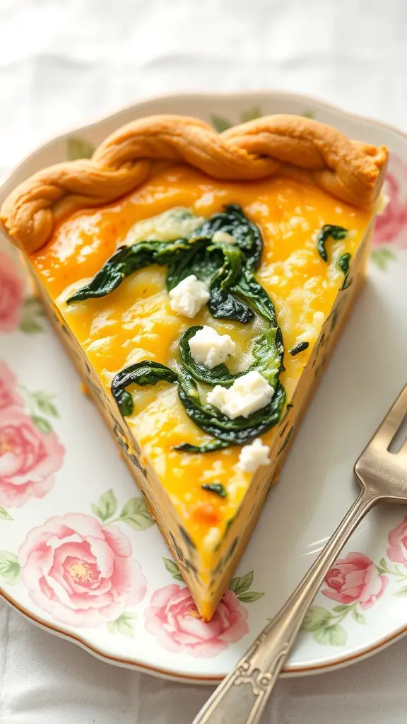 A slice of savory quiche with spinach and feta on a floral plate.