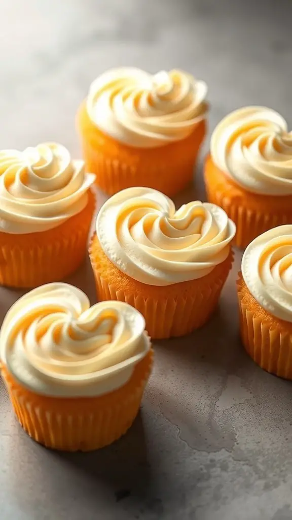 Heart shaped orange cupcakes with creamy frosting