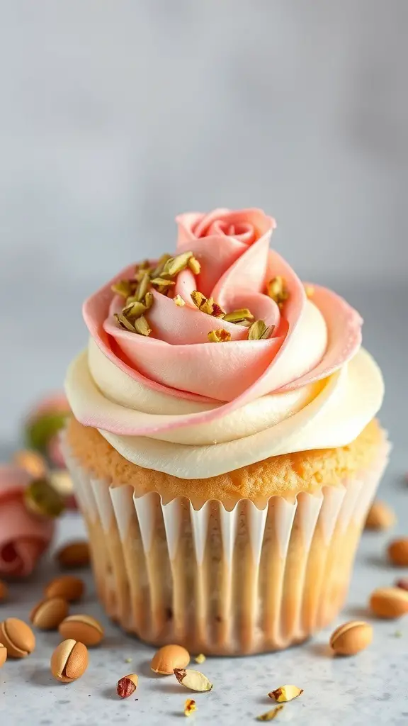 A beautifully decorated pistachio rose cupcake with pink frosting and crushed pistachios
