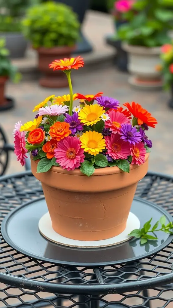 A flower pot cake decorated with colorful fondant flowers, resembling a real flower pot.