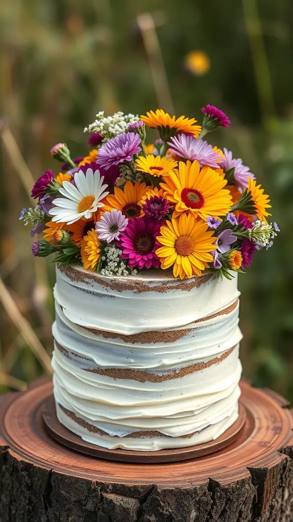 A rustic wildflower buttercream cake topped with colorful flowers, displayed on a wooden stand.