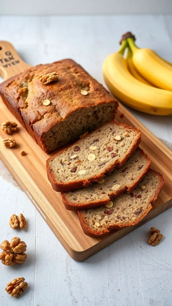 A loaf of banana bread with walnuts, sliced and displayed on a wooden board with bananas in the background.