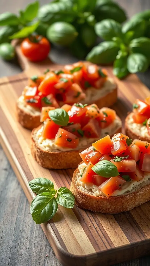 Bruschetta topped with diced tomatoes and basil on a wooden platter