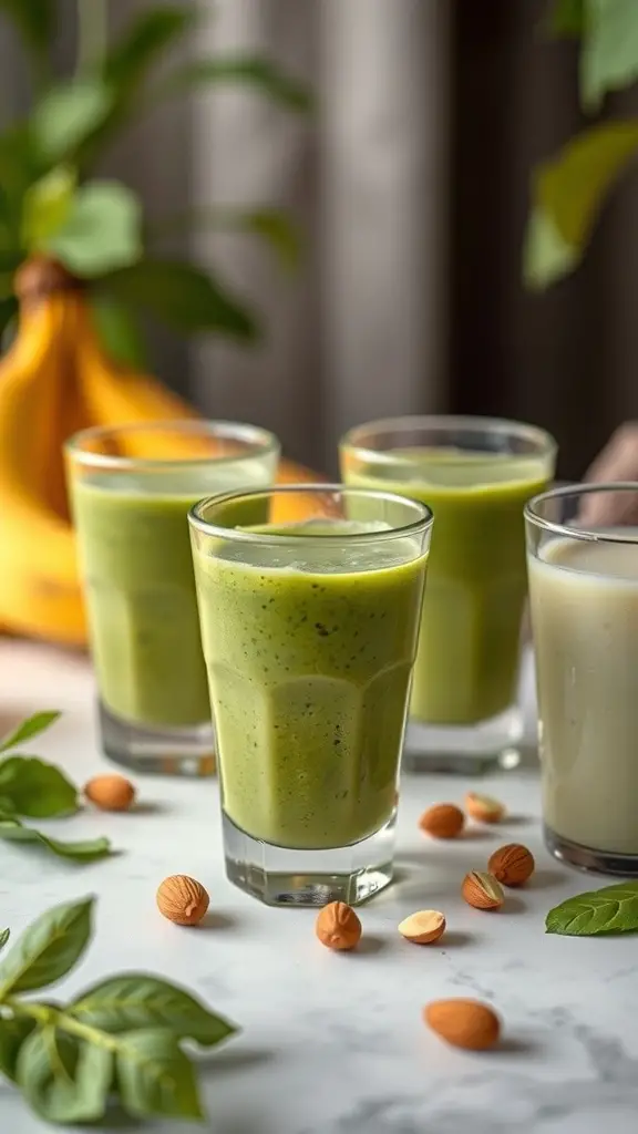 Glasses of green smoothie shots with almonds and leaves