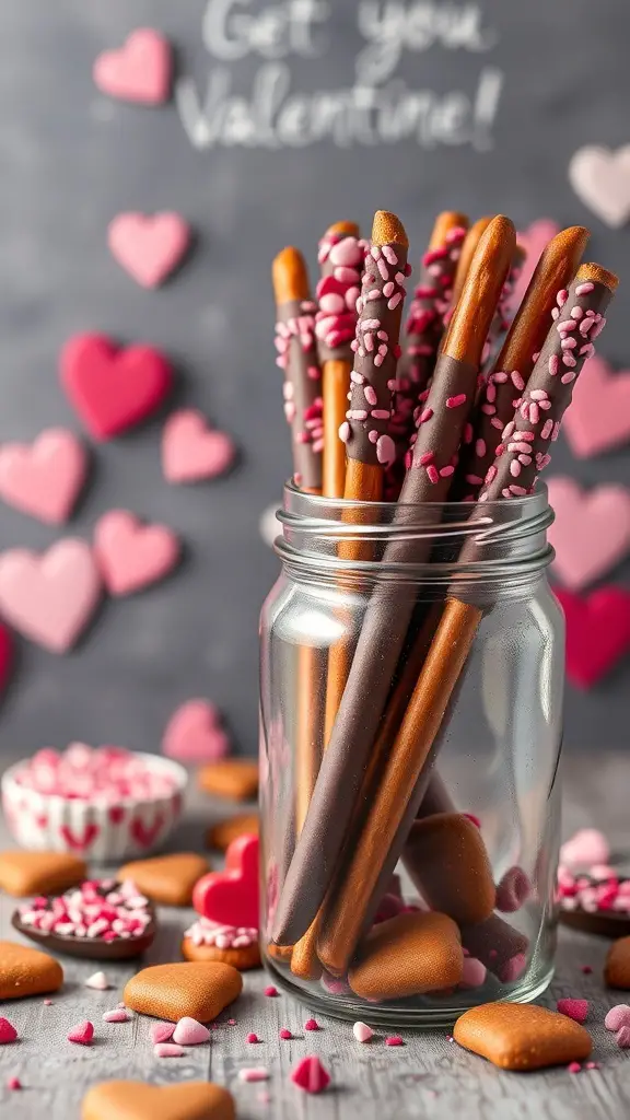A jar filled with chocolate-dipped pretzel rods decorated with pink and red sprinkles, surrounded by heart-shaped candies.