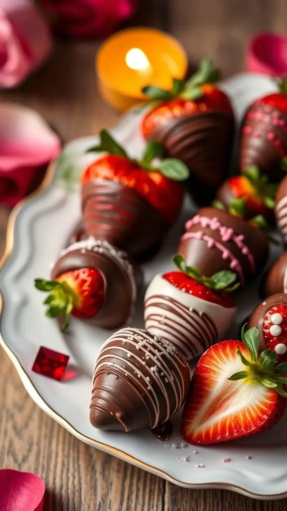 A plate of chocolate-covered strawberries decorated with various toppings, surrounded by rose petals and a candle.