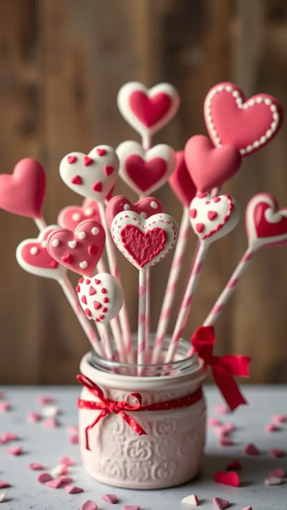 A jar filled with Valentine's Day themed cake pops in heart shapes, decorated with pink and red icing and sprinkles.