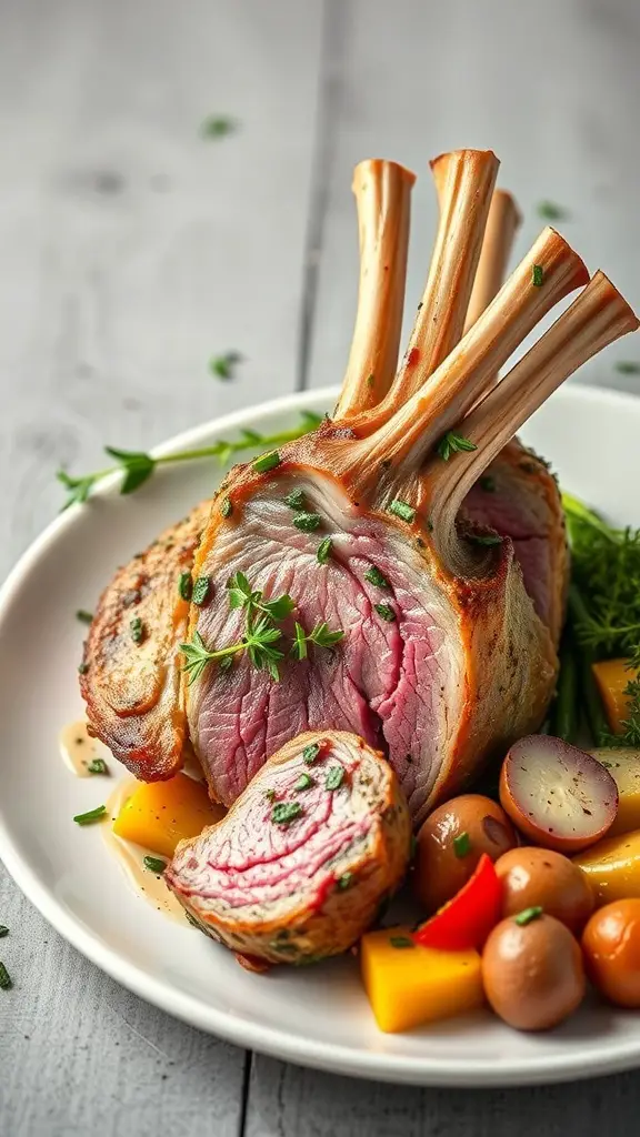 A beautifully plated herb-crusted rack of lamb with vegetables
